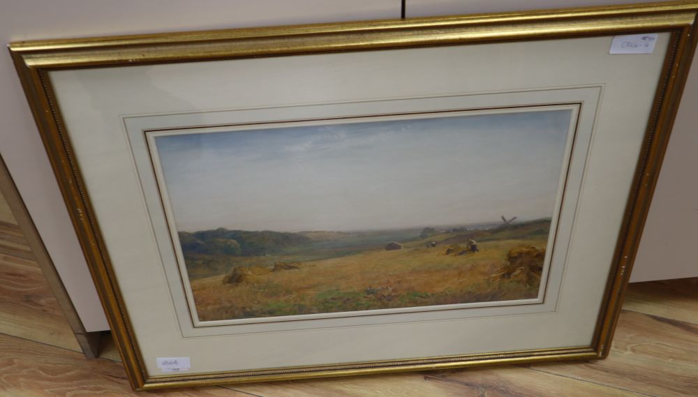 Robert Thorne Waite (1842-1935), watercolour, Harvesters in a Sussex landscape, 33 x 50cm